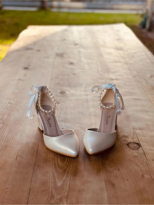 İlkinin Pabuçları Incili Sedef Gelin Ayakkabısı, Taşlı Incili Kadın Abiye Ayakkabı, 9cm Kalın Topuklu Rahat Tasarım