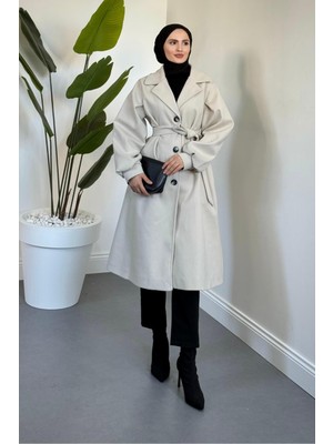 Merven Akyüz Velura Kuşaklı Astarlı Kaşe Kaban Krem