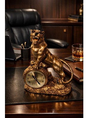 Deco Elit Masa Üstü Aslan Figürlü Masa Saati Dekoratif Ofis & Salon Dekoru Hediyelik Masa Üstü Saat