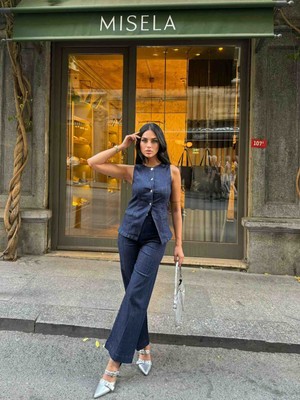 Lunea - Kadın Jeans Takım Ispanyol Paça Cepli Kot Takım