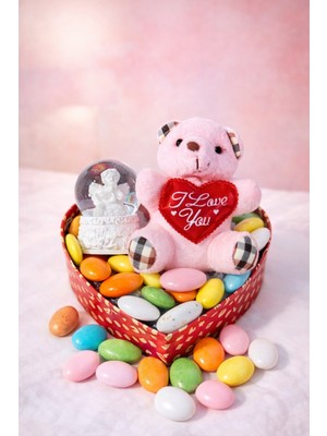 Biton Toptan Sevgililer Günü Kalp Kutulu Romantik Hediye Seti – Ayıcıklı & Kar Küresi & Draje Çikolata