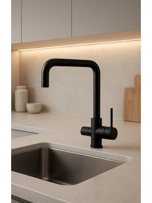 HDF Mat Siyah 3’ü 1 Arada Arıtma Çıkışlı Mutfak Evye Bataryası