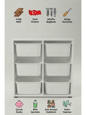 yabilmo %100 Mdf Gövde Kolay Minifix Bağlantı 6 Çekmeceli Çok Amaçlı Oyuncak Dolabı - 6 Sepetli Beyaz Dolap