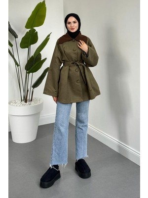 Merven Akyüz Jany Düğmeli Kuşaklı Kaban Haki