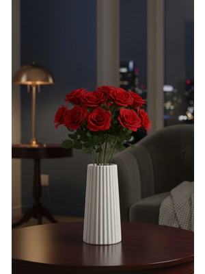 EA Home Concept Modern Dekorasyon Için Şık Beyaz Çizgili Beton Çiçek Vazo - Minimalist ve Zarif Vazo Modelleri