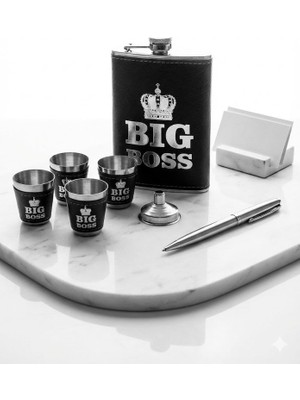 Biton Toptan Çelik Matara Hediye Seti Big Boss  Temalı Deri Kaplamalı Içecek Cep Matarası 4 Shot Bardaklı