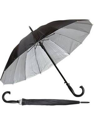 abnturk Açık Çap 16 Telli Baston Şemsiye Büyük Boy Iç Yüzey Metalik Gri Dışı Siyah Unisex 80CM Uzunluk 100CM