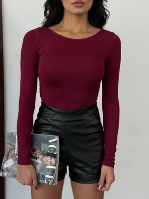 Asfa Moda Kadın Açık Yaka Uzun Kollu Basic Body Bluz Bordo