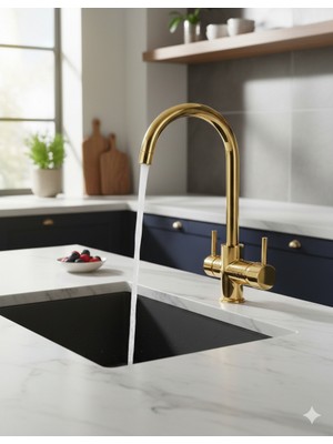 HDF Parlak Gold Arıtma Musluklu Mutfak Bataryası - 2'si 1 Arada Lüks Tasarım Altın Evye Bataryası