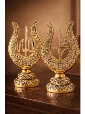 Biton Toptan Allah & Muhammed Yazılı Lale Taşlı Gold Masa Üstü Dekor Seti – Klasik ve Asil Tasarım 22CM