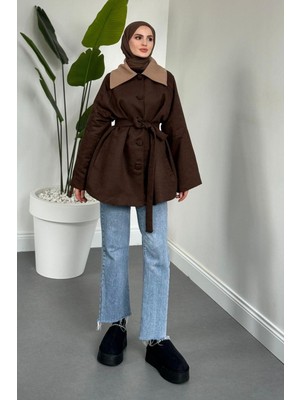 Merven Akyüz Jany Düğmeli Kuşaklı Kaban Kahverengi