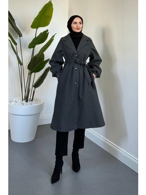 Merven Akyüz Velura Kuşaklı Astarlı Kaşe Kaban Füme