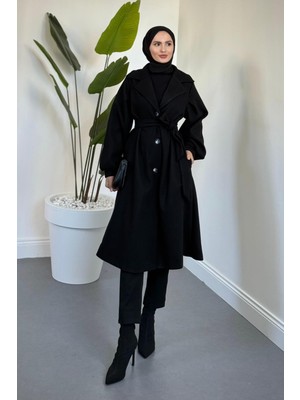 Merven Akyüz Velura Kuşaklı Astarlı Kaşe Kaban Siyah