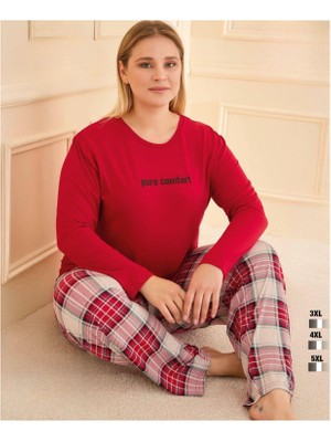 Bursa Pijama Kadın Uzun Kol Büyük Beden Bisiklet Yaka Ekose Desen Pijamatakımı