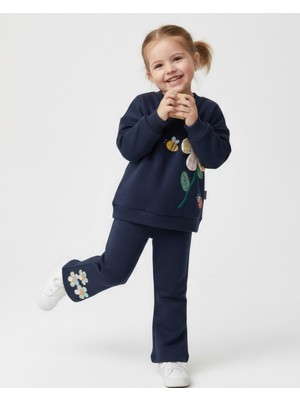 Ege Bebek Kız Çocuk Mobil Çiçek Nakış Detaylı, Ispanyol Paça Pantalonlu 2 Ip Mevsimlik Şık Alt Üst Takım