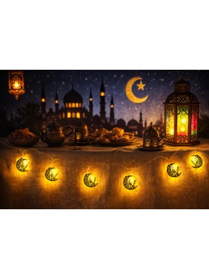 Pairla 2 Metre Gold 10 Adet Ramazan Temalı LED Işıklı Süsleme Seti Ramazan Süsleri, Ramazan Hediyem Ramazan Süsü
