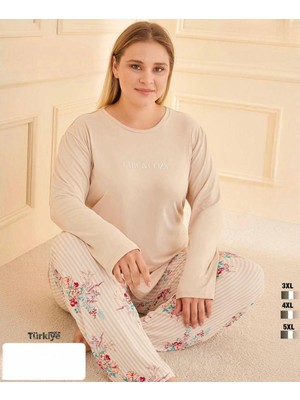 Bursa Pijama Kadın Uzun Kol Büyük Beden Bisiklet Yaka Çiçek Desen Pijama Takımı