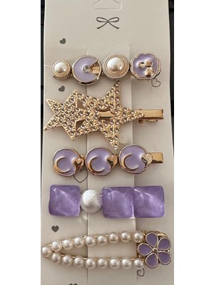 TrendyChic Gold Renk Mor ve Beyaz Taşlarla Süslenmiş Kadın Toka Seti 5’li