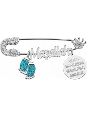 Parmas Design Bebek Yaka Iğnesi Maşallah ve Nazar Ayeti Yazılı 925 Ayar Gümüş Antialerjik Mavi Taç