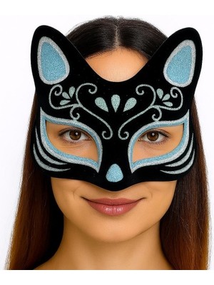 İlkyaz Fashion Siyah Renk Süet Kaplama Üzeri Gümüş Mavi Simli Kedi Maskesi 17X14 cm