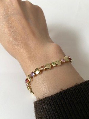 Elifra Prenses Takı Renkli Zirkon Taşlı Kalp Figürlü Gold Kaplama Kadın Bileklik