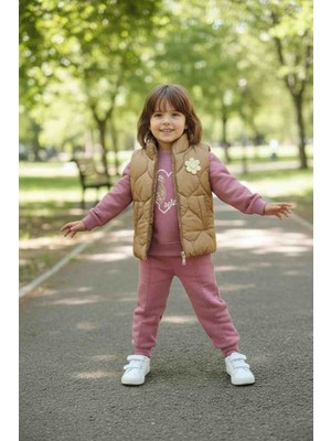 Kız Çocuk 3'lü Takım - Kapitone Şişme Yelek, Sweatshirt ve Eşofman Altı Seti