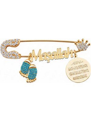 Parmas Design Bebek Yaka Iğnesi Maşallah ve Nazar Ayeti Yazılı 925 Ayar Gümüş Antialerjik Mavi Taç