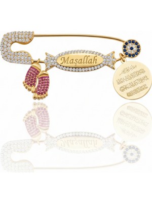 Parmas Design Bebek Yaka Iğnesi Maşallah ve Nazar Ayeti Yazılı 925 Ayar Gümüş Antialerjik Kırmızı Şeker