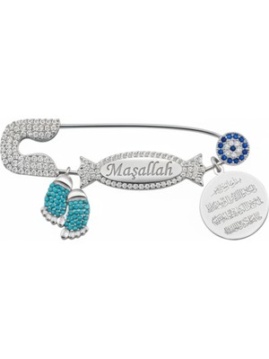 Parmas Design Bebek Yaka Iğnesi Maşallah ve Nazar Ayeti Yazılı 925 Ayar Gümüş Antialerjik Mavi Şeker