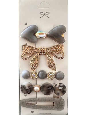 TrendyChic Gri ve Gold Kalp Fiyonk Toka Seti