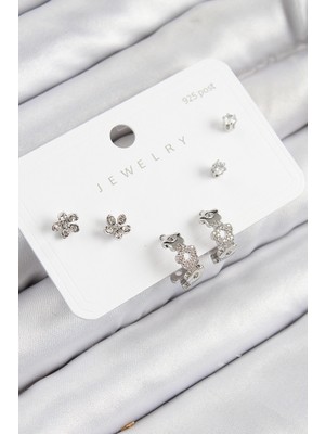 EkoAlışverişDünyam Pirinç Zirkon Taşlı Halka Model Gümüş Renk 925 Ayar Gümüş Çivi Kadın Küpe Set - TJ-BKP11185