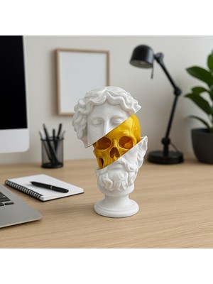 Todekora Altın Kafataslı Büst Biblo 25 cm (3 Parça Takılabilir) Beyaz Mermer Görünümlü