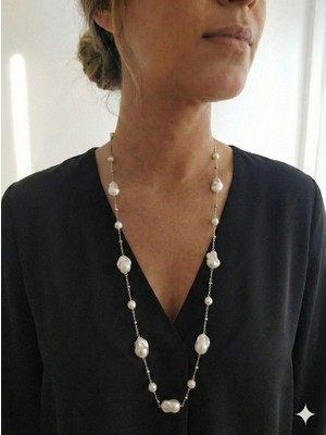 Aytens Takı Gerçek Barok Incili Dorika Detaylı Paslanmaz Çelik Uzun Kolye, Gümüş Renk