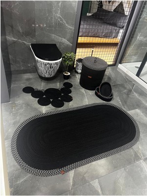 UltraMint Siyah Jüt Hasır Banyo Takımı, Çamaşır Sepeti ve Paspas Seti