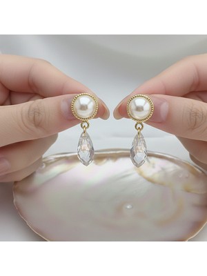 Vaoov 14K Altın Kaplama Kristal Taşlı Inci Küpe