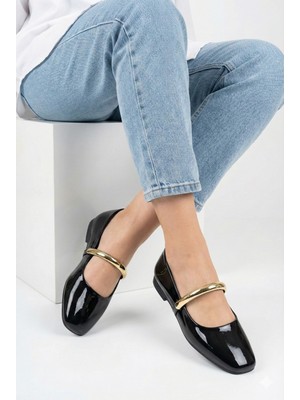 Nmoda Kadın Rugan Babet Altın Metal Bantlı Şık Mary Jane Ayakkabı