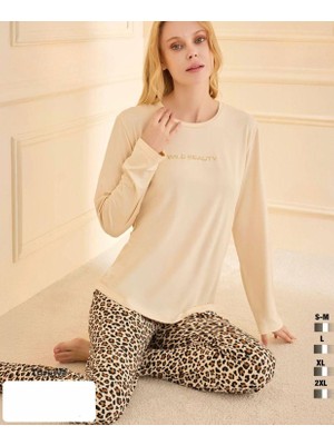 Bursa Pijama Kadın Uzun Kol Bisiklet Yaka Leopar Desen Pijama Takımı