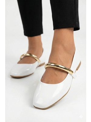 Nmoda Kadın Rugan Babet Altın Metal Bantlı Şık Mary Jane Ayakkabı