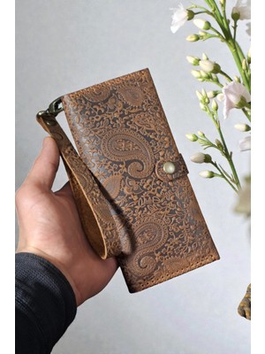 MAT DERİ Taba Hakiki Deri Telefon Cüzdanı El Yapımı Bilek Askılı Uzun Cüzdan Şal Desen