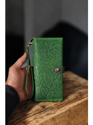 MAT DERİ Yeşil Hakiki Deri Telefon Cüzdanı El Yapımı Bilek Askılı Uzun Cüzdan Şal Desen