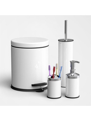 UltraMint Beyaz Dörtlü Banyo Seti: Çöp Kovası, Fırça, Sabunluk, Diş Fırçalık
