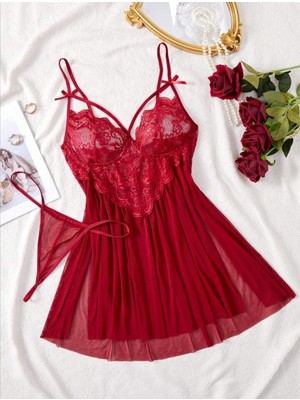 Efil Efil Kadın Bordo Tül Gecelik Esnek Şık Fantezi Gecelik Dantel Detaylı Yırtmaçlı Seksi Iç Giyim Rahat Esnek Kesim