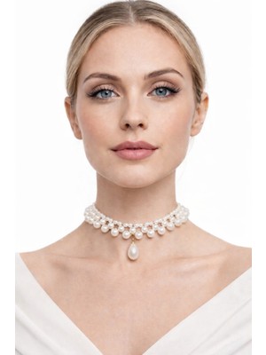 Yağmur Inci Kolye Choker Damla Sallantı Beyaz Özel  Tasarım   Gelin Balayı Nikah Özel Gün
