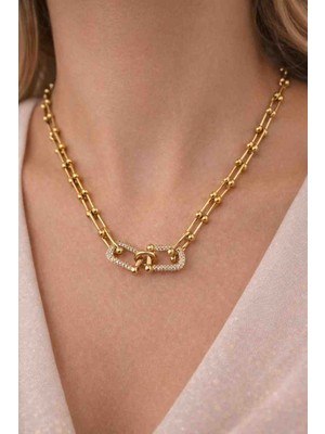 Stainless Steel Tiffany Zirkon Taş Detaylı Gold Zincir Kadın Kolye | Kilit Detaylı Modern Şık Tasarım