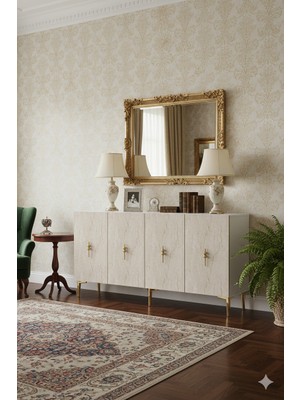 Ceneyra KA1527BTG SALKIM150 Konsol, Kahve Köşesi, Tv Sehpası ve Dolap 150CM Beyaz-Traverten-Gold
