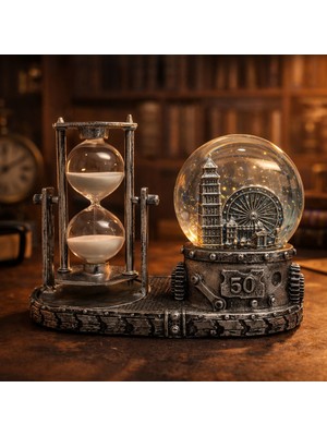 MG Concept Steampunk Işıklı Kar Küresi ve Kum Saati Dekoratif Masa Ofis Objesi Vintage Tasarım