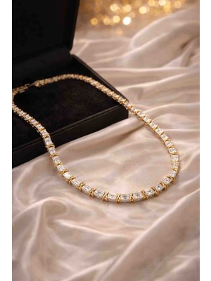 Stainless Steel Zirkon Taşlı Çift Renk Gold & Silver Şık Kadın Kolye | Parlak Taşlı Modern Tasarım