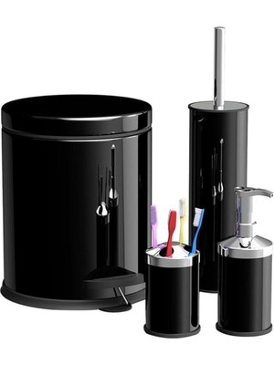 UltraMint Modern Siyah Banyo Seti: Çöp Kovası, Fırça, Sabunluk, Diş Fırçalığı