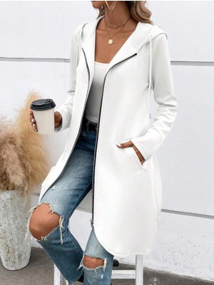 Başak Collection Kadın Uzun Kollu Kapşonlu Önden Fermuarlı Midi Dalgıç Ceket