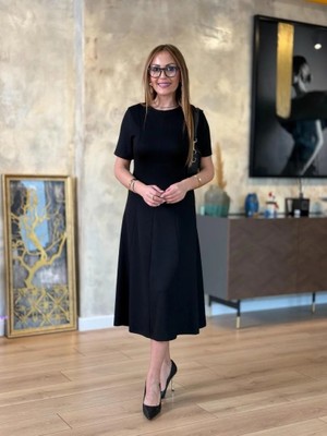 Başak Collection Kadın Kısa Kollu Bisiklet Yaka Midi Viskon Iki Iplik Elbise